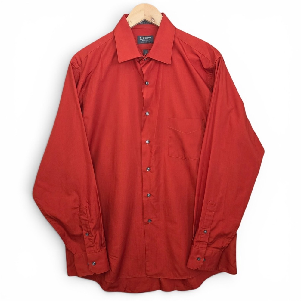 Arrow Dress Shirt Mens 16 34/35 Button Orange Poplin Classic Fit Polyester Blend